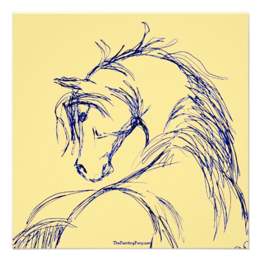 Blue and Yellow Horse Head Sketch Birthday Invite
