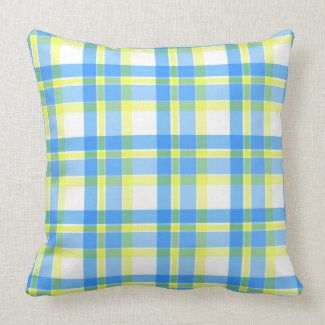 Blue and yellow plaid pattern throw pillows