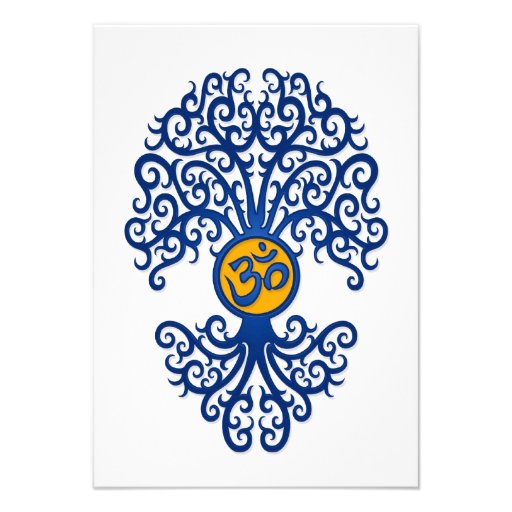 Blue and Yellow Yoga Om Tree on White Invitations