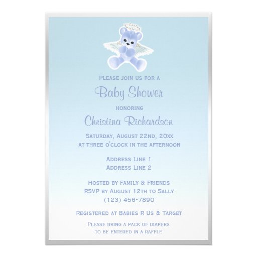 Blue Angel Teddy Bear Baby Shower Personalized Invitations