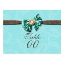 Blue aqua brown gem bow floral post card