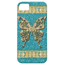 Blue Aqua Glitter Golden Butterfly iPhone 5 Cover