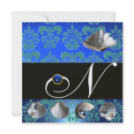 BLUE AQUAMARINE DAMASK BEACH WEDDING MONOGRAM ANNOUNCEMENT