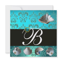 BLUE AQUAMARINE DAMASK BEACH WEDDING MONOGRAM CUSTOM INVITE