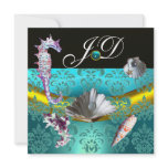 BLUE AQUAMARINE DAMASK BEACH WEDDING MONOGRAM PERSONALIZED INVITATIONS