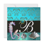 BLUE AQUAMARINE DAMASK BEACH WEDDING MONOGRAM ANNOUNCEMENT