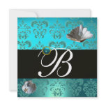 BLUE AQUAMARINE DAMASK BEACH WEDDING MONOGRAM PERSONALIZED INVITE