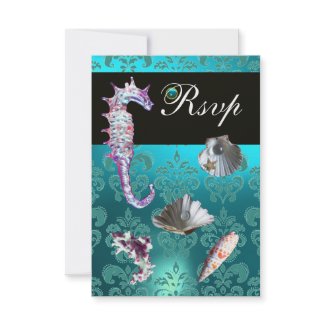 BLUE AQUAMARINE DAMASK BEACH WEDDING RSVP invitation