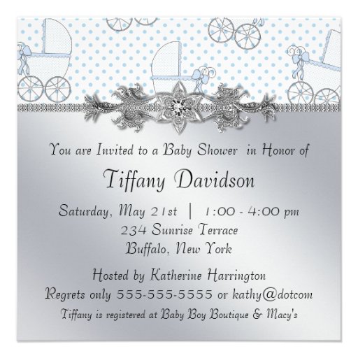 Blue Baby Carriage Baby Boy Prince Shower Personalized Announcements