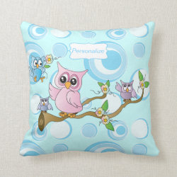 Blue Baby Owl Nursery Theme Throw Pillow