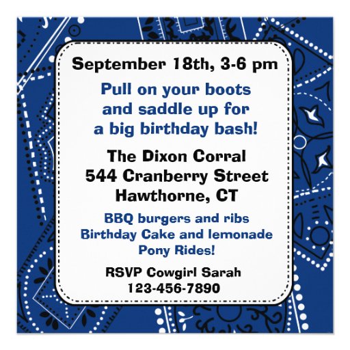 Blue Bandana Cowboy Birthday Invitation