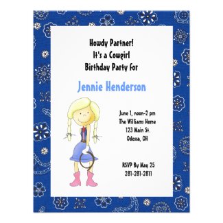 Blue Bandana Pattern Cowgirl Birthday Invitation