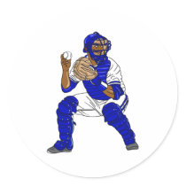 Blue baseball catcher round sticker
