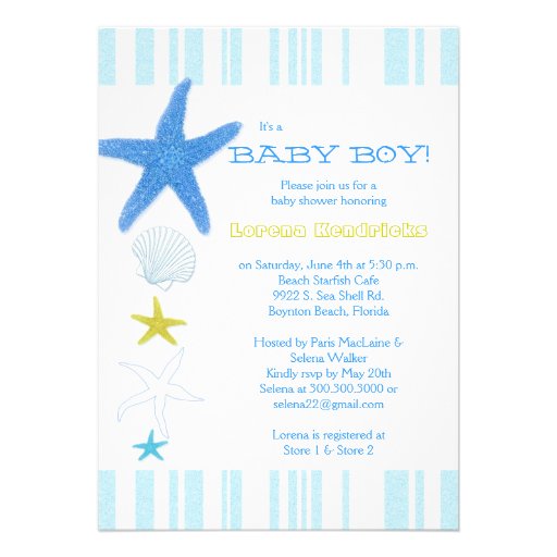 Blue Beach Starfish Striped Baby Boy Baby Shower Announcement