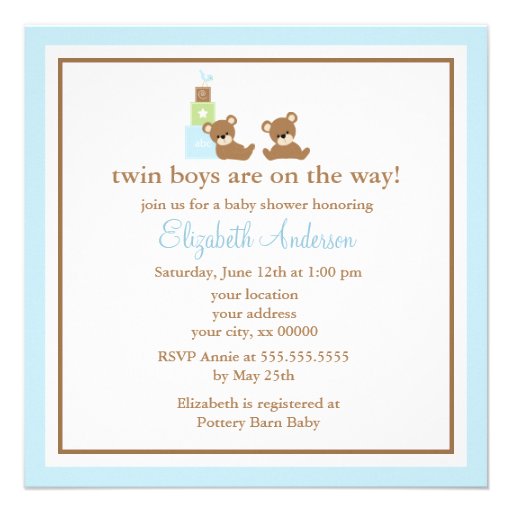 Blue Bears Twins Baby Shower Invitation