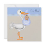 Blue Beige Gingham Stork Baby Boy Shower Personalized Invitation