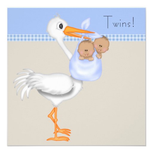 Blue Beige Gingham Stork Twin Boy Baby Shower Personalized Announcement