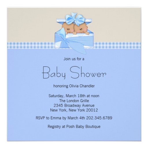 Blue Beige Gingham Stork Twin Boy Baby Shower Personalized Announcement