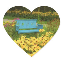 Blue bench in a field of  yellow black-eye Susans. Heart Stickers