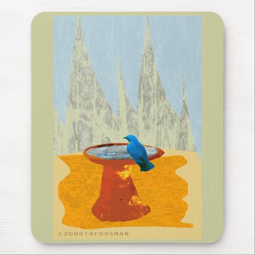 Blue bird fountain collage Mousepad mousepad