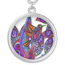 Blue Bird Of Paradise On White Necklace
