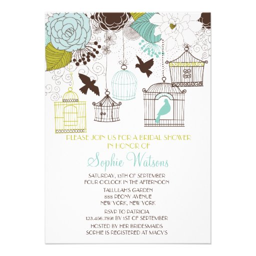 Blue Birdcages & Flowers Bridal Shower Invitations