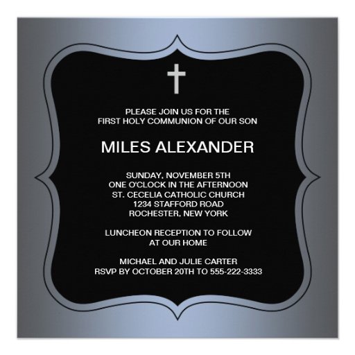Blue Black Cross Boys First Communion Personalized Announcements