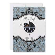 Blue Black Damask Baby Boy Shower Invitations
