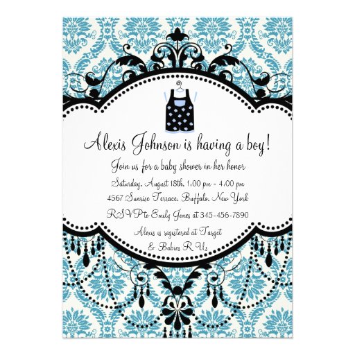 Blue Black Damask Baby Boy Shower Invitations