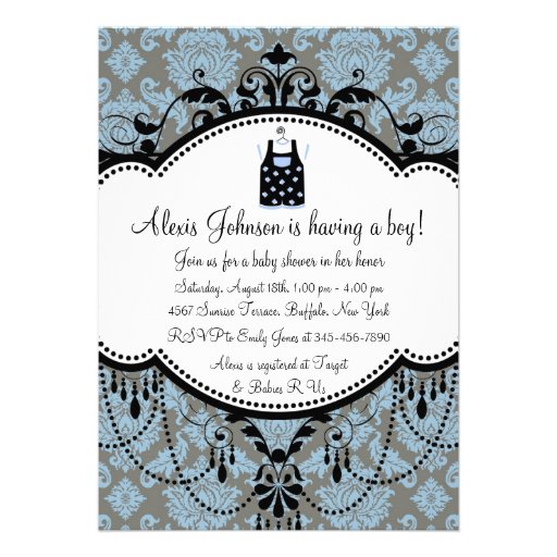 Blue Black Damask Baby Boy Shower Invitations