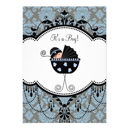 Blue Black Damask Baby Boy Shower Invitations