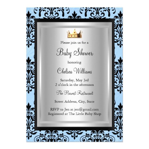 Blue & Black Damask Baby Shower Invitation