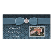 Blue & Black Damask Hearts Bow Bling Photo Card Template