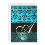 BLUE BLACK  DAMASK MONOGRAM ,bright white turquase Invites