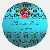 BLUE BLACK DAMASK MONOGRAM ,red ruby turquase Round Stickers