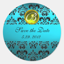 BLUE BLACK DAMASK MONOGRAM ,turquase yellow Round Stickers
