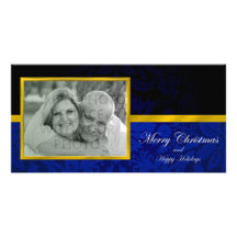 Blue & Black Damask Photo Christmas Card Custom Photo Card