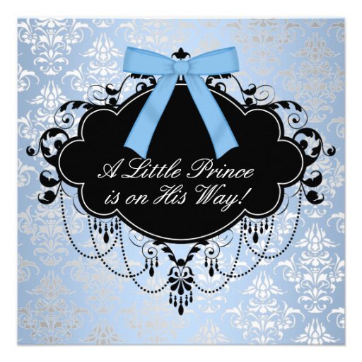 Blue Black Damask Prince Baby Boy Shower Custom Invites