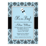 Blue Black Damask Rattle Baby Shower Invitations