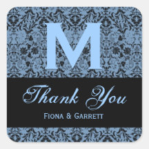 Blue Black Damask Thank You Monogram Wedding R322 Sticker