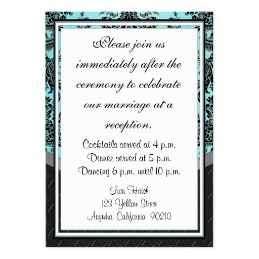 Blue Black Damask Wedding Reception Cards Business Card (back side)