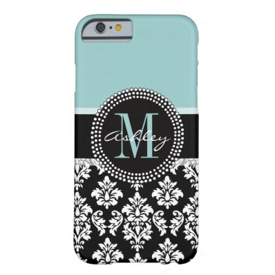 BLUE, BLACK DAMASK, YOUR MONOGRAM ,YOUR NAME BARELY THERE iPhone 6 CASE
