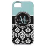 BLUE, BLACK DAMASK, YOUR MONOGRAM ,YOUR NAME iPhone 5 CASE