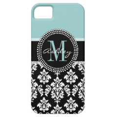 BLUE, BLACK DAMASK, YOUR MONOGRAM ,YOUR NAME iPhone 5 COVER