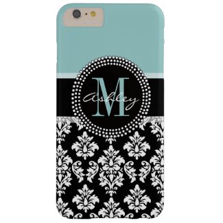 BLUE, BLACK DAMASK, YOUR MONOGRAM ,YOUR NAME BARELY THERE iPhone 6 PLUS CASE