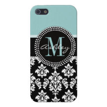 BLUE, BLACK DAMASK, YOUR MONOGRAM ,YOUR NAME iPhone 5 CASE