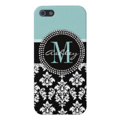 BLUE, BLACK DAMASK, YOUR MONOGRAM ,YOUR NAME iPhone 5 CASE