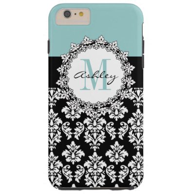 Blue Black Fleur de Lis Damask Monogram Tough iPhone 6 Plus Case