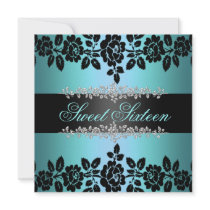 Blue & Black Rose Sweet 16 Birthday Invitation