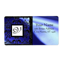 BLUE BLACK SILK DAMASK, SQUARE MONOGRAM CUSTOM SHIPPING LABELS